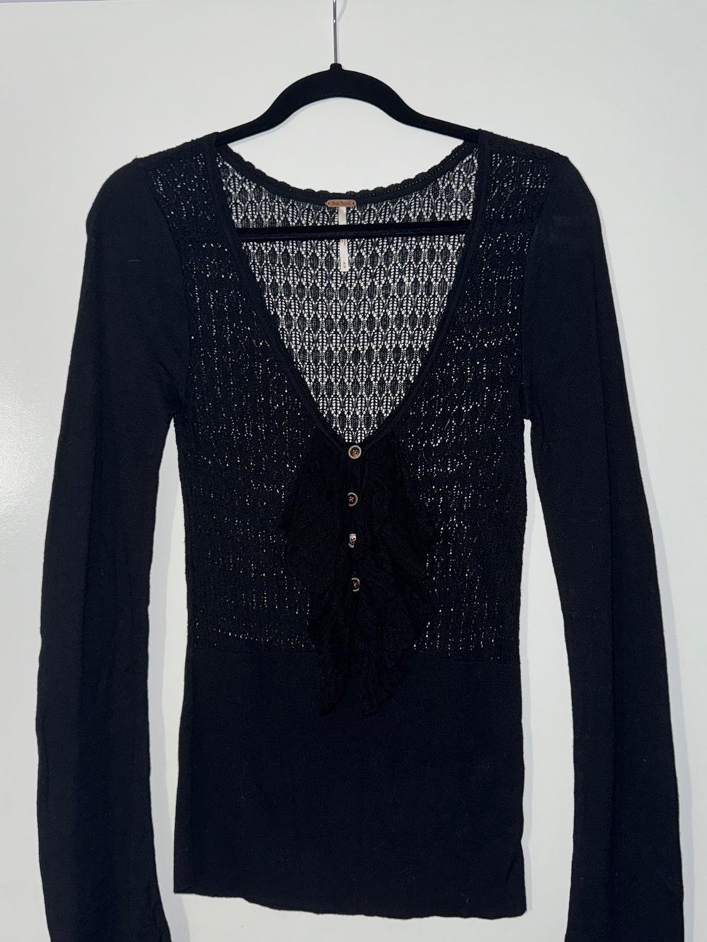 Free People - Black Pointelle Knit Ruffle V-Neck Top - Size M